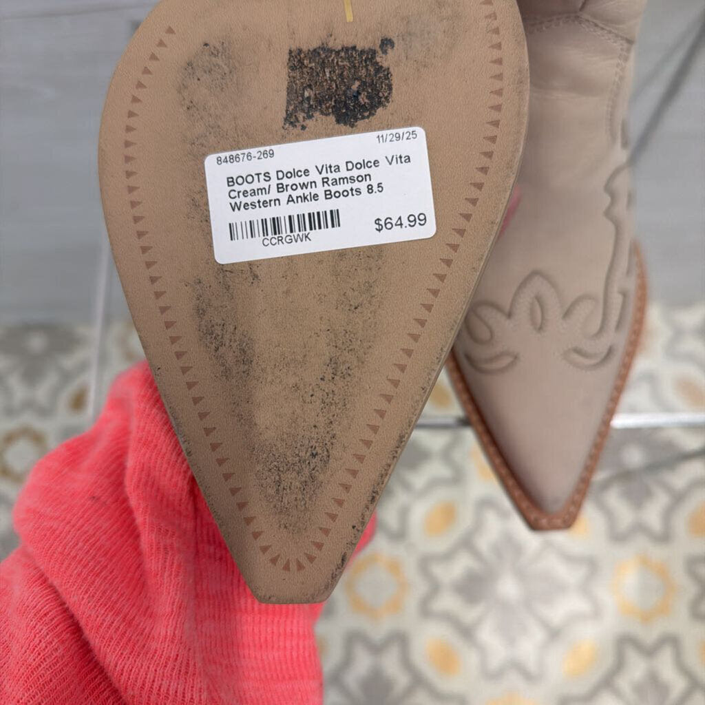 Dolce Vita Cream/ Brown Ramson Western Ankle Boots 8.5