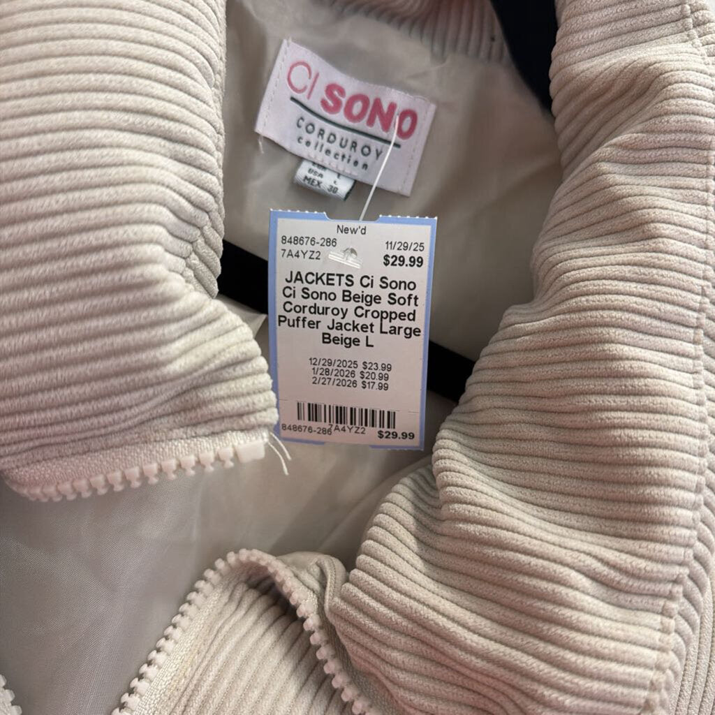 Ci Sono Beige Soft Corduroy Cropped Puffer Jacket Large