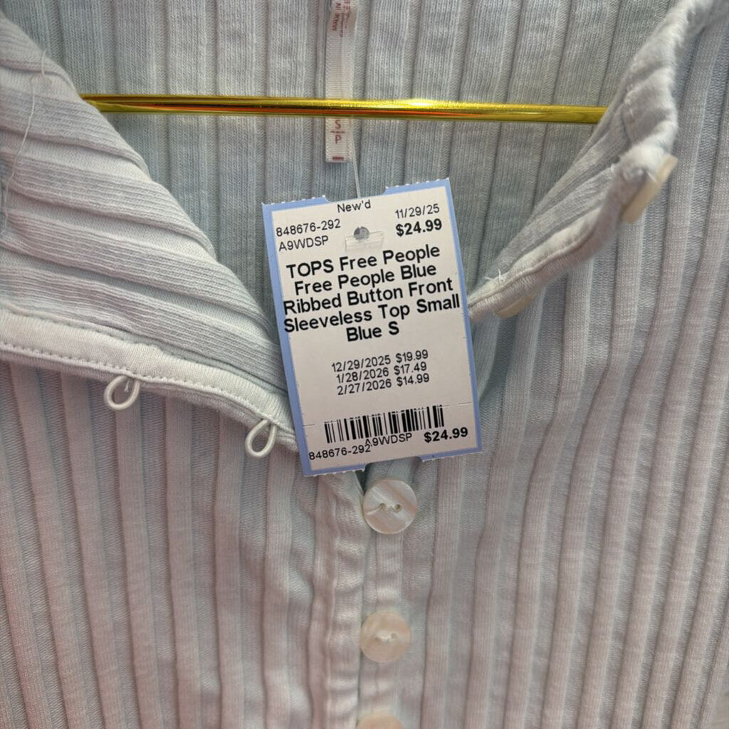 Free People Blue Ribbed Button Front Sleeveless Top Small