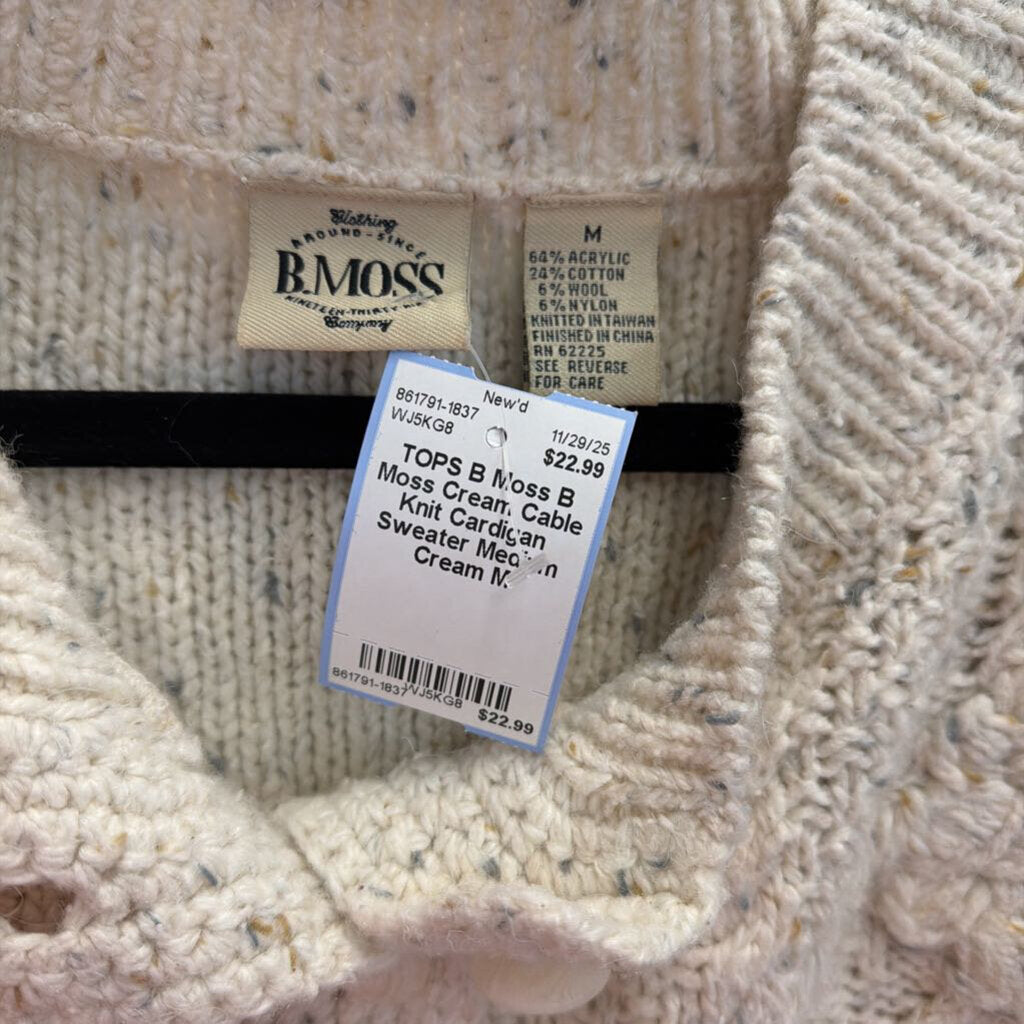 B Moss Cream Cable Knit Cardigan Sweater Medium