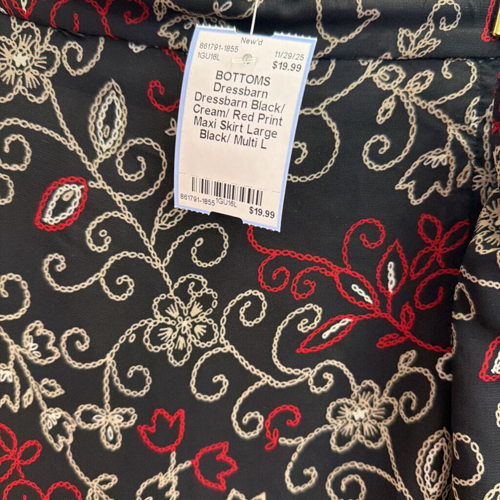 Dressbarn Black/ Cream/ Red Print Maxi Skirt Large