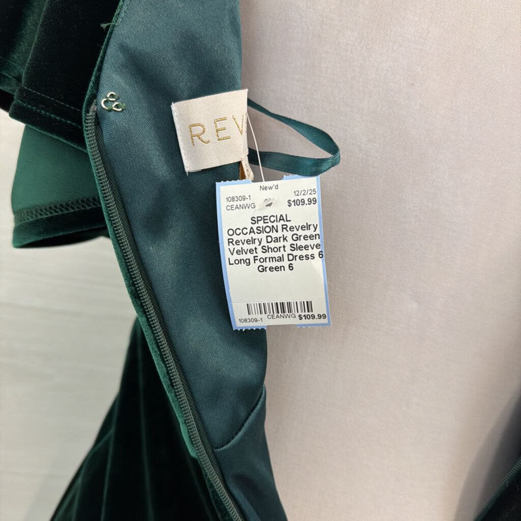 Revelry Dark Green Velvet Short Sleeve Long Formal Dress 6