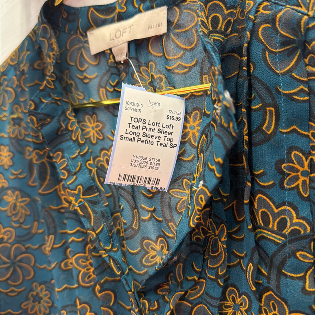 Loft Teal Print Sheer Long Sleeve Top Small Petite