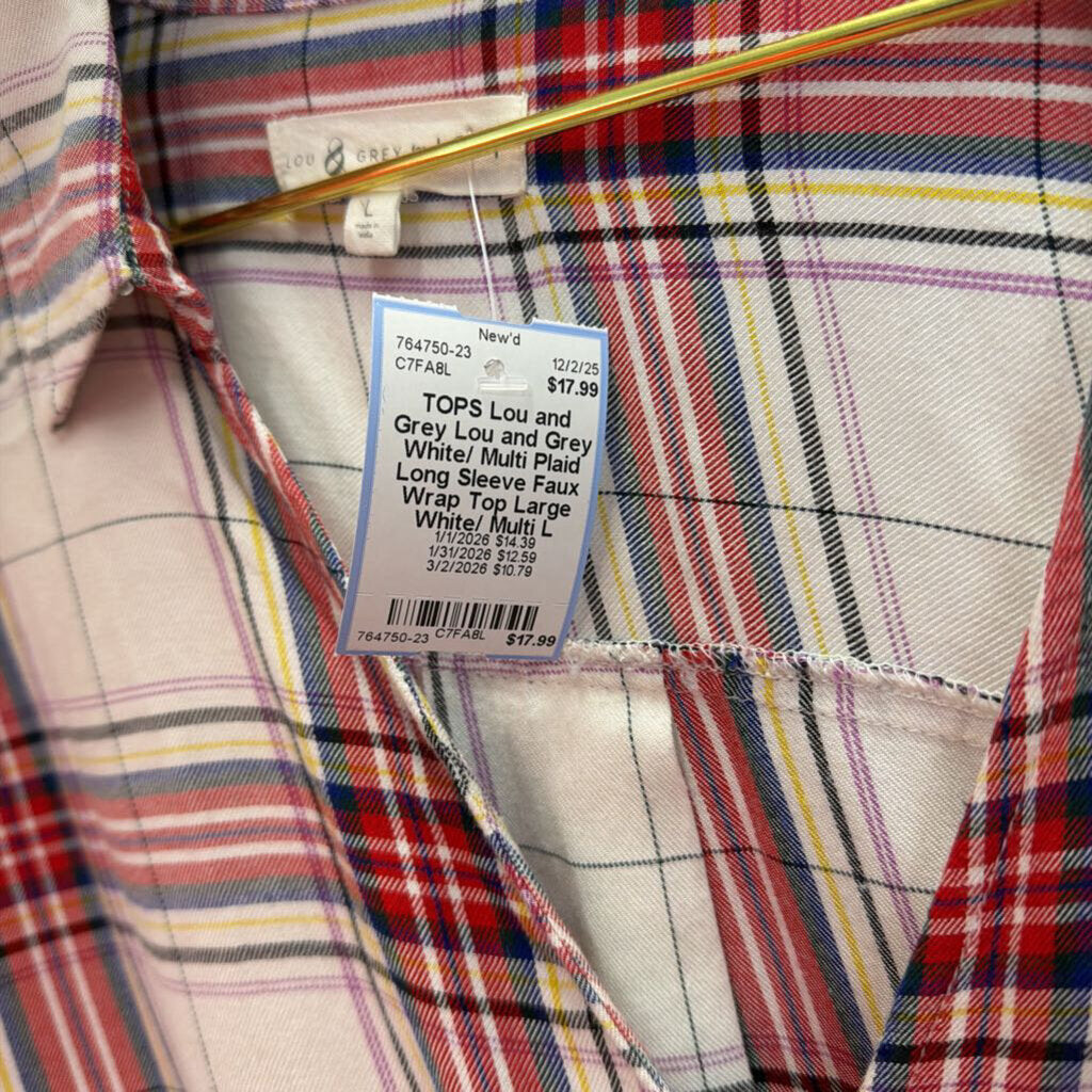 Lou and Grey White/ Multi Plaid Long Sleeve Faux Wrap Top Large