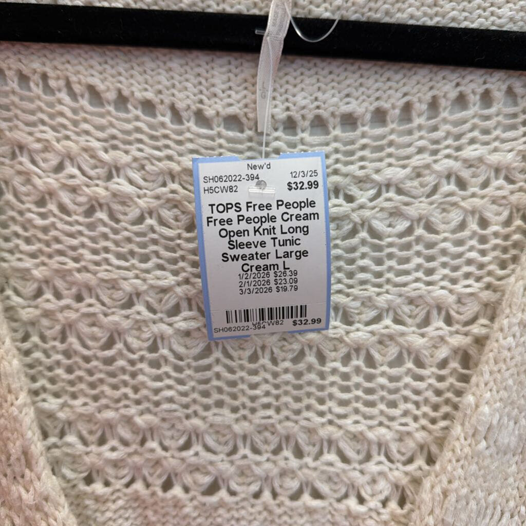 Free People Cream Open Knit Long Sleeve Tunic Sweater Large