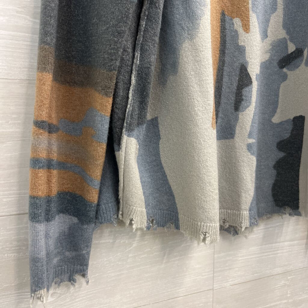 Charlie B Blue/ Brown/ Grey Print Distressed Edge Reversible Sweater Top Medium