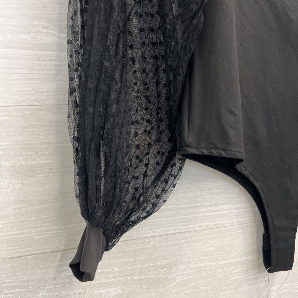Black Sheer Polka Dot Long Sleeve Bodysuit Medium