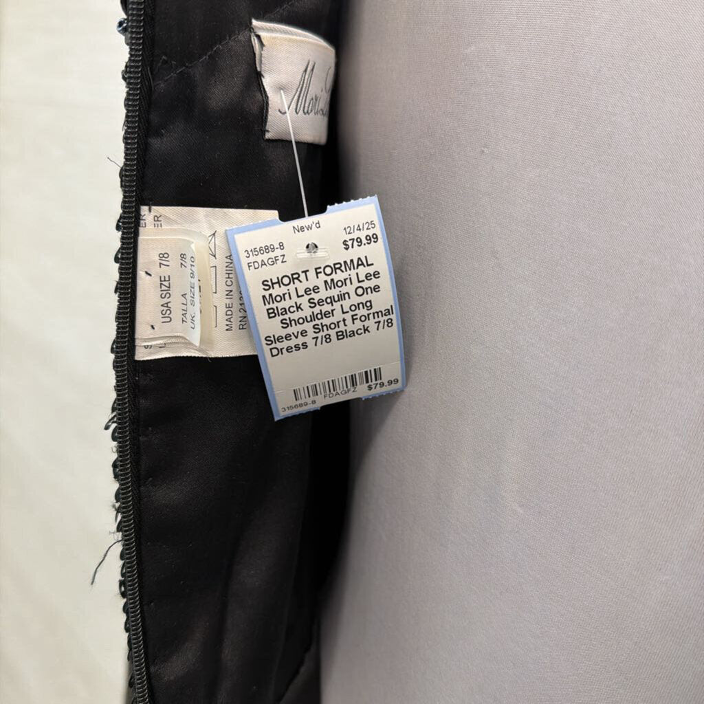 Mori Lee Black Sequin One Shoulder Long Sleeve Short Formal Dress 7/8