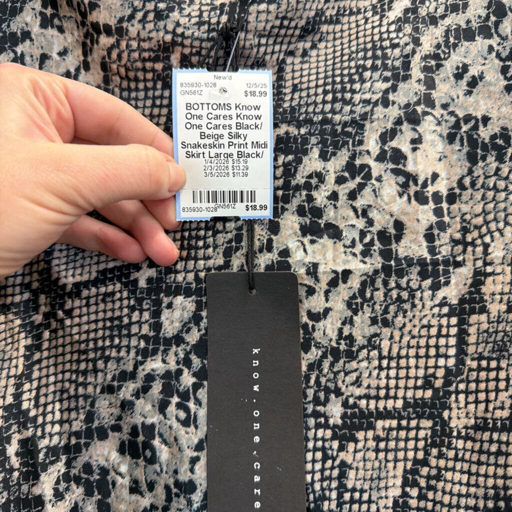 Know One Cares Black/ Beige Silky Snakeskin Print Midi Skirt Large