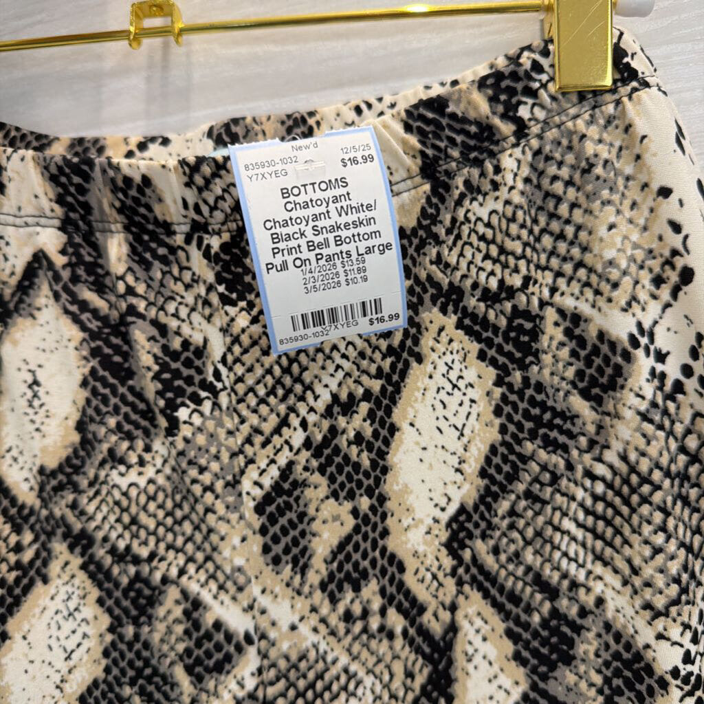 Chatoyant White/ Black Snakeskin Print Bell Bottom Pull On Pants Large