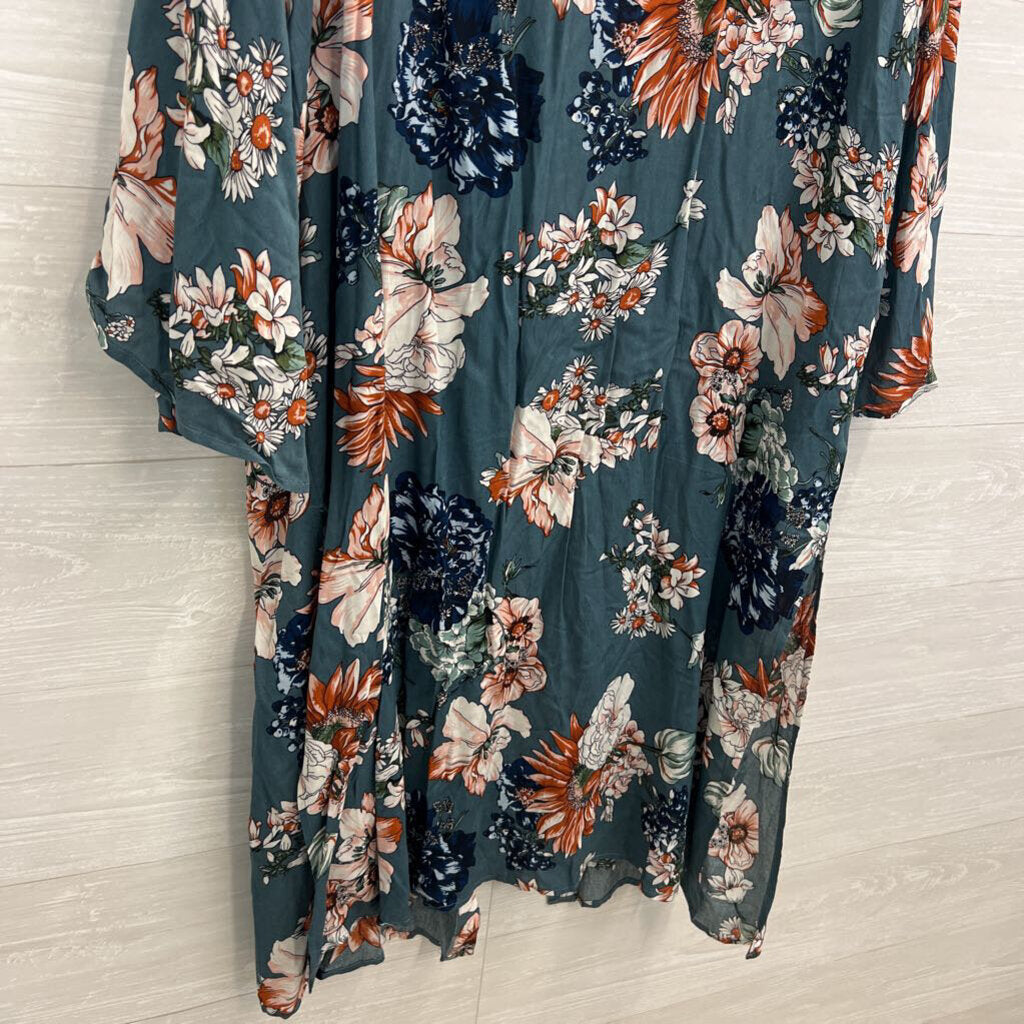 Kori Blue/ Multi Floral Print Long Sleeve Open Front Kimono Top Large