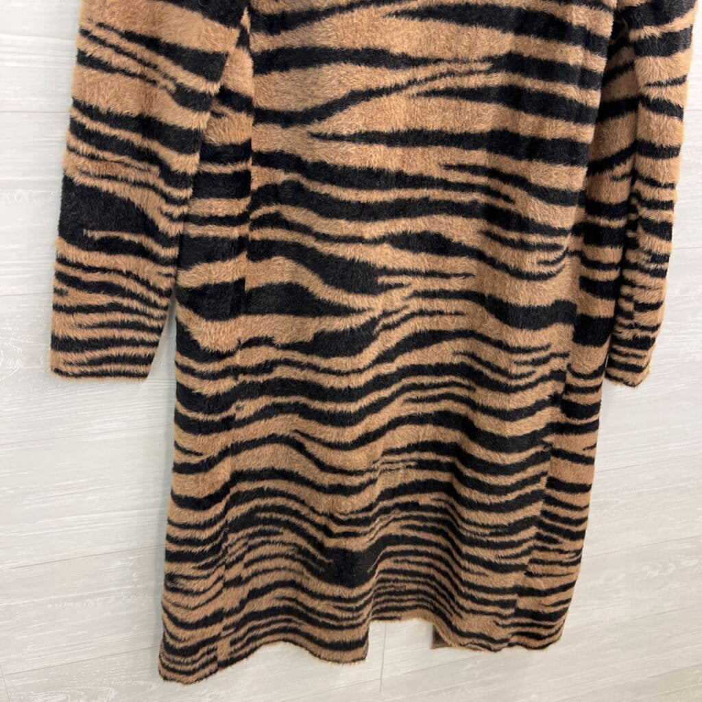 Dee Elly Brown/ Black Print Soft Fuzzy Knit Long Open Front Sweater Large