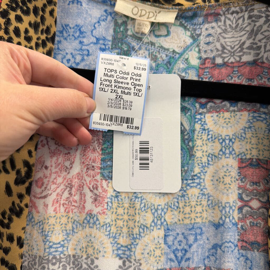 Oddi Multi Color Print Long Sleeve Open Front Kimono Top 1XL/ 2XL
