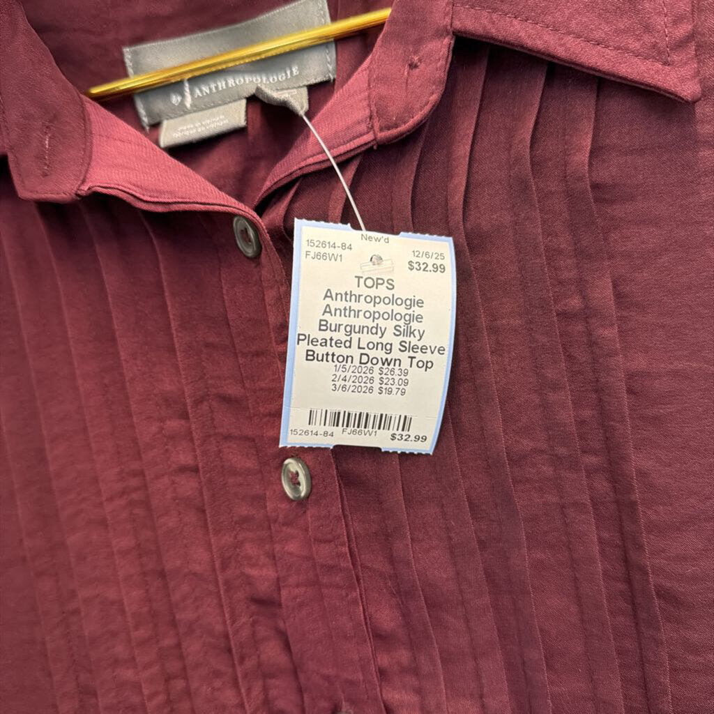 Anthropologie Burgundy Silky Pleated Long Sleeve Button Down Top Small