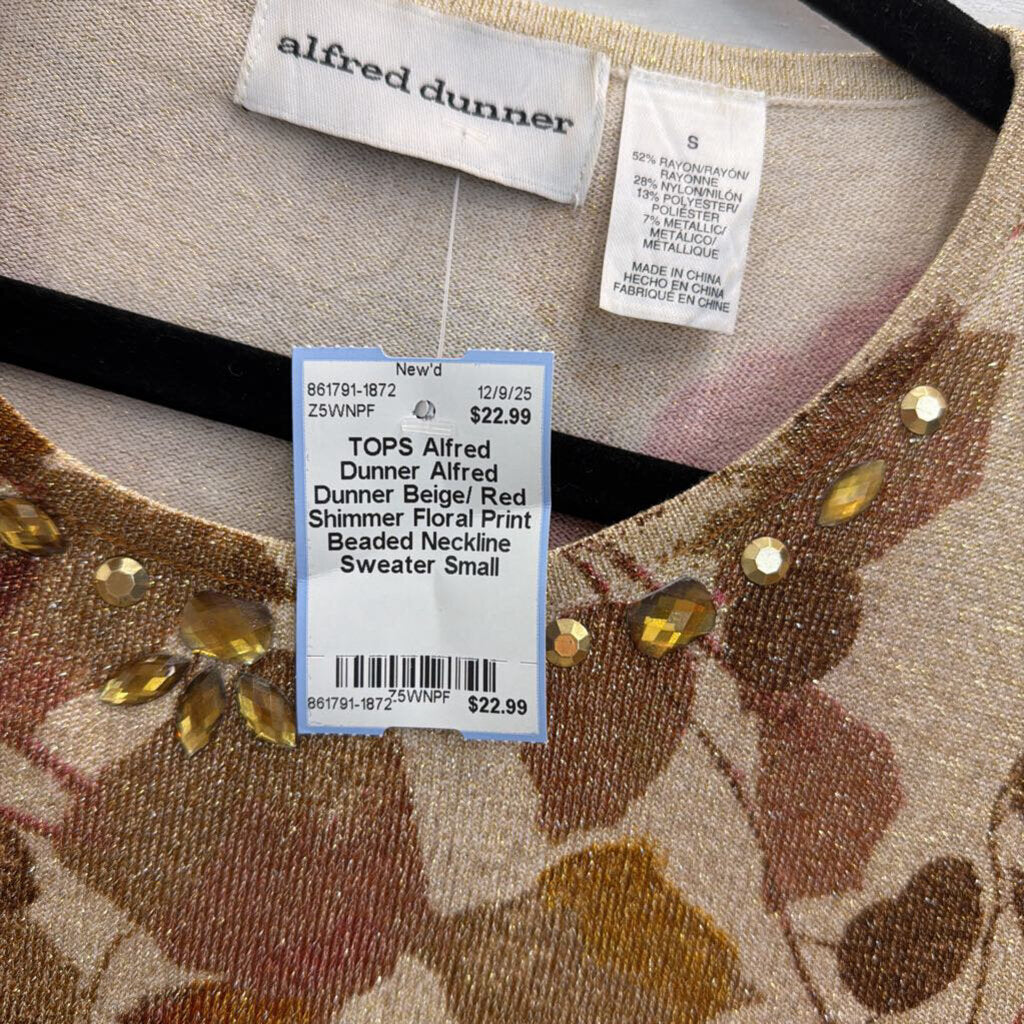 Alfred Dunner Beige/ Red Shimmer Floral Print Beaded Neckline Sweater Small
