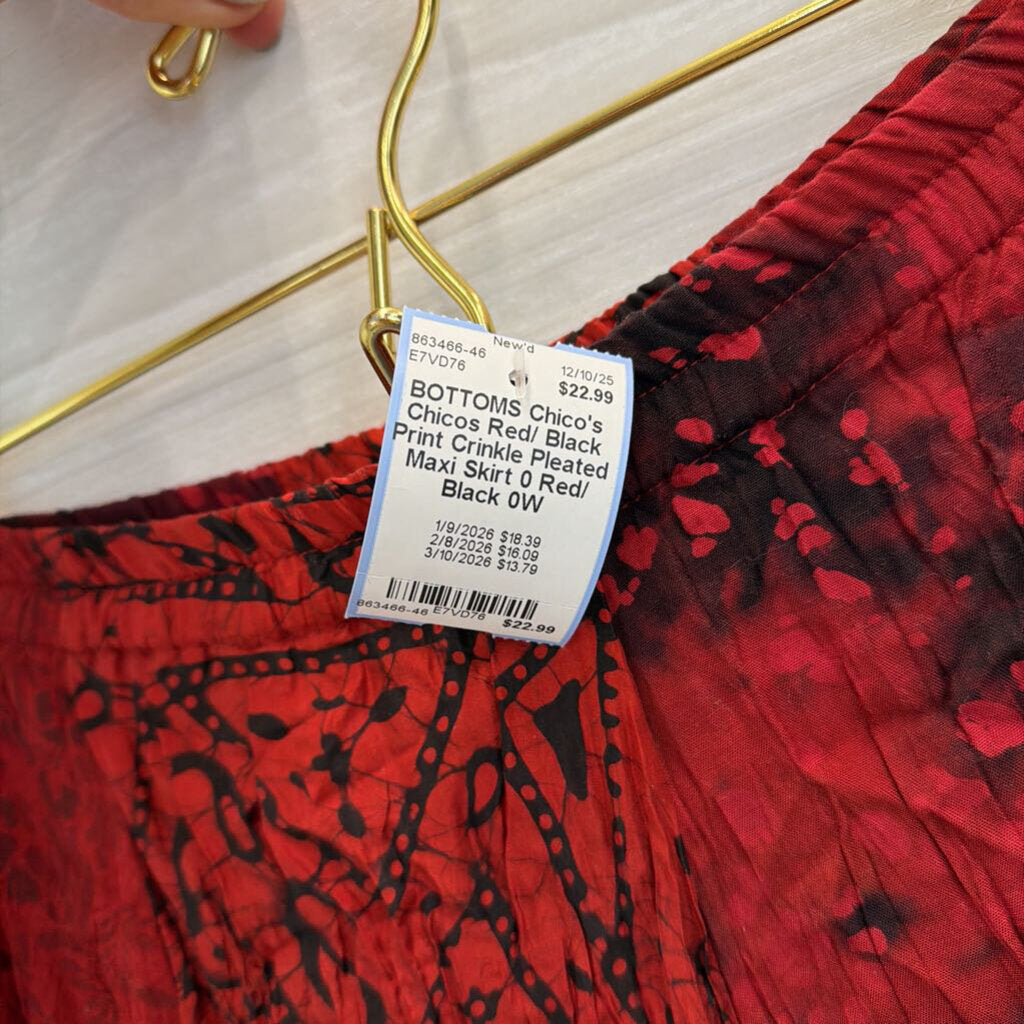 Chicos Red/ Black Print Crinkle Pleated Maxi Skirt 0