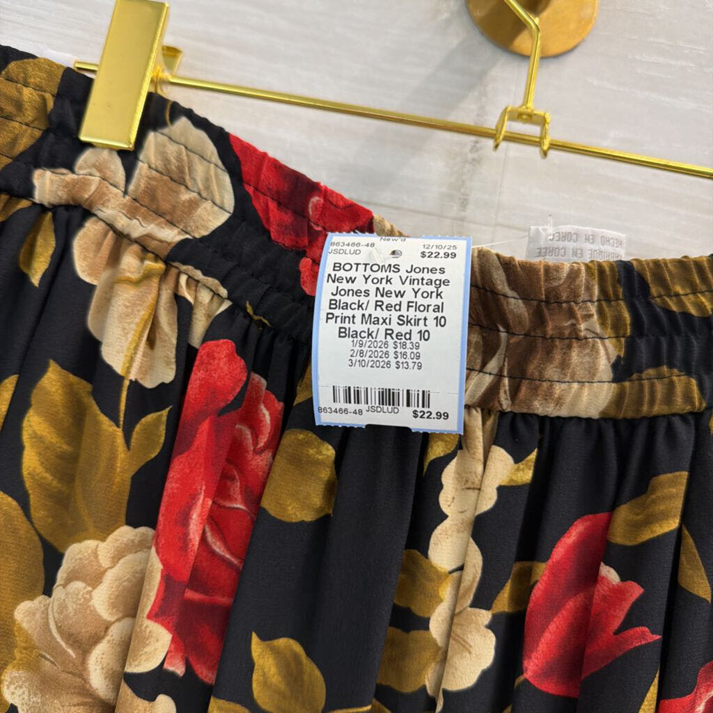 Vintage Jones New York Black/ Red Floral Print Maxi Skirt 10