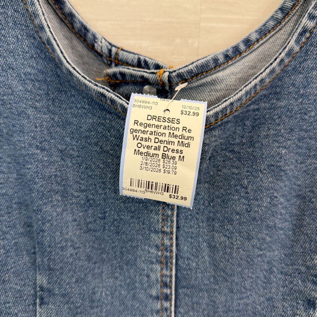 Re generation Medium Wash Denim Midi Overall Dress Medium