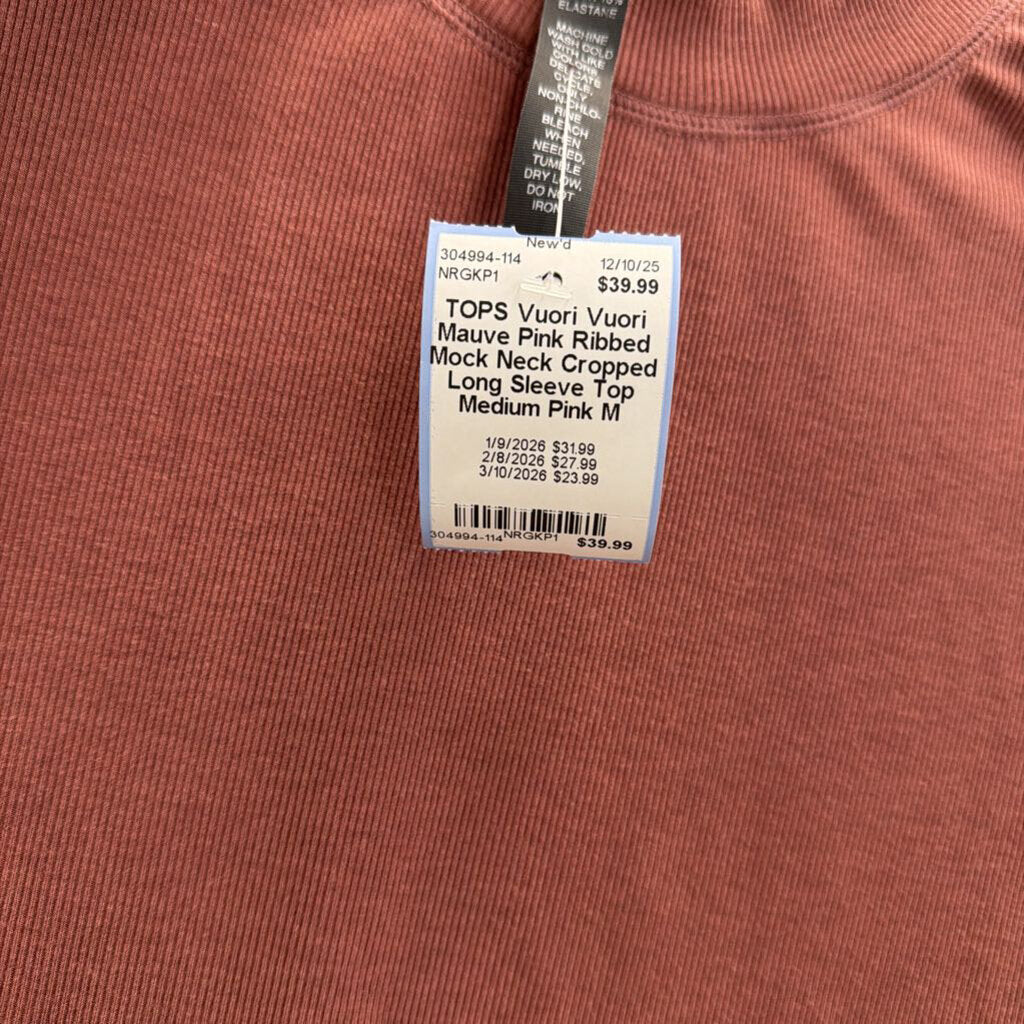Vuori Mauve Pink Ribbed Mock Neck Cropped Long Sleeve Top Medium