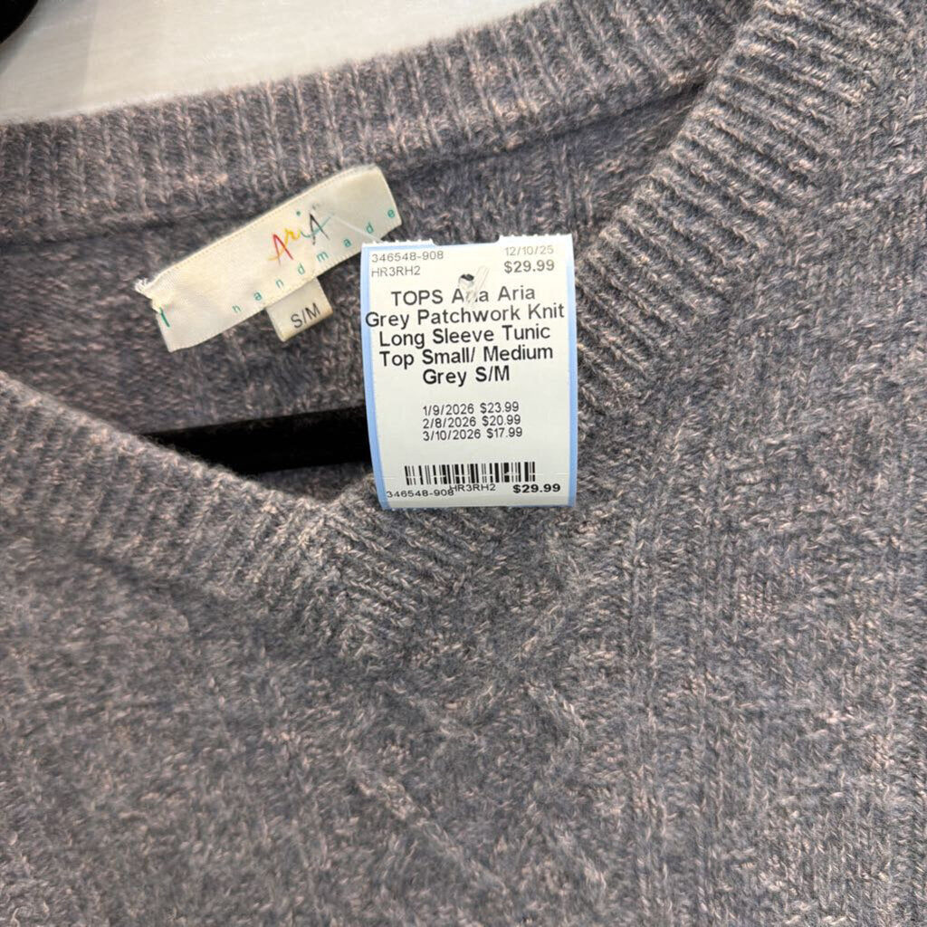 Aria Grey Patchwork Knit Long Sleeve Tunic Top Small/ Medium