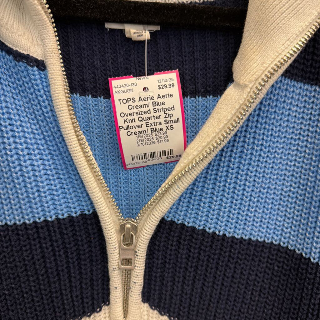Aerie Cream/ Blue Oversized Striped Knit Quarter Zip Pullover Extra Small