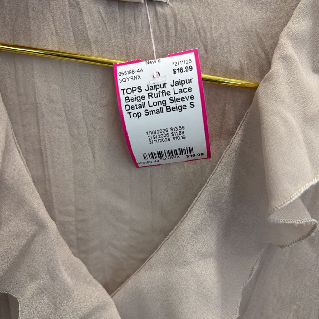 Jaipur Beige Ruffle Lace Detail Long Sleeve Top Small