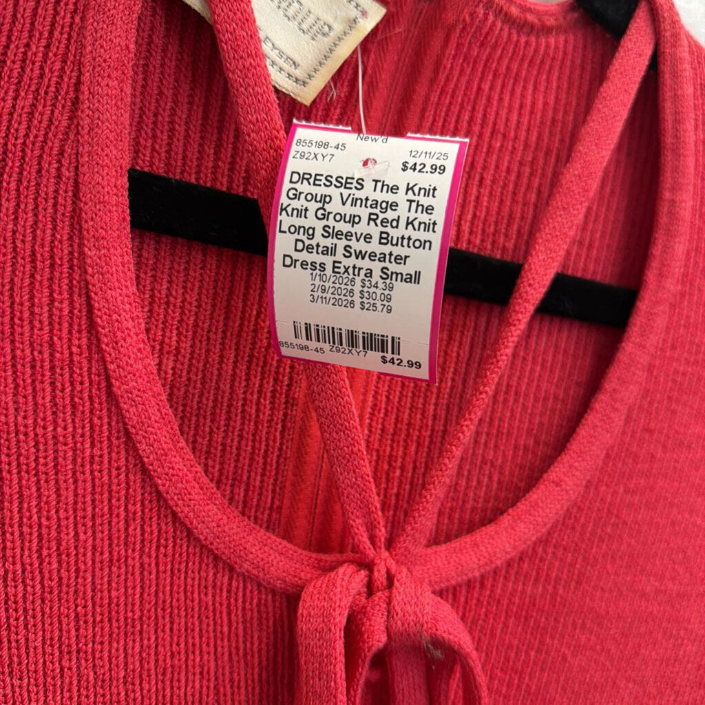 Vintage The Knit Group Red Knit Long Sleeve Button Detail Sweater Dress Extra Small