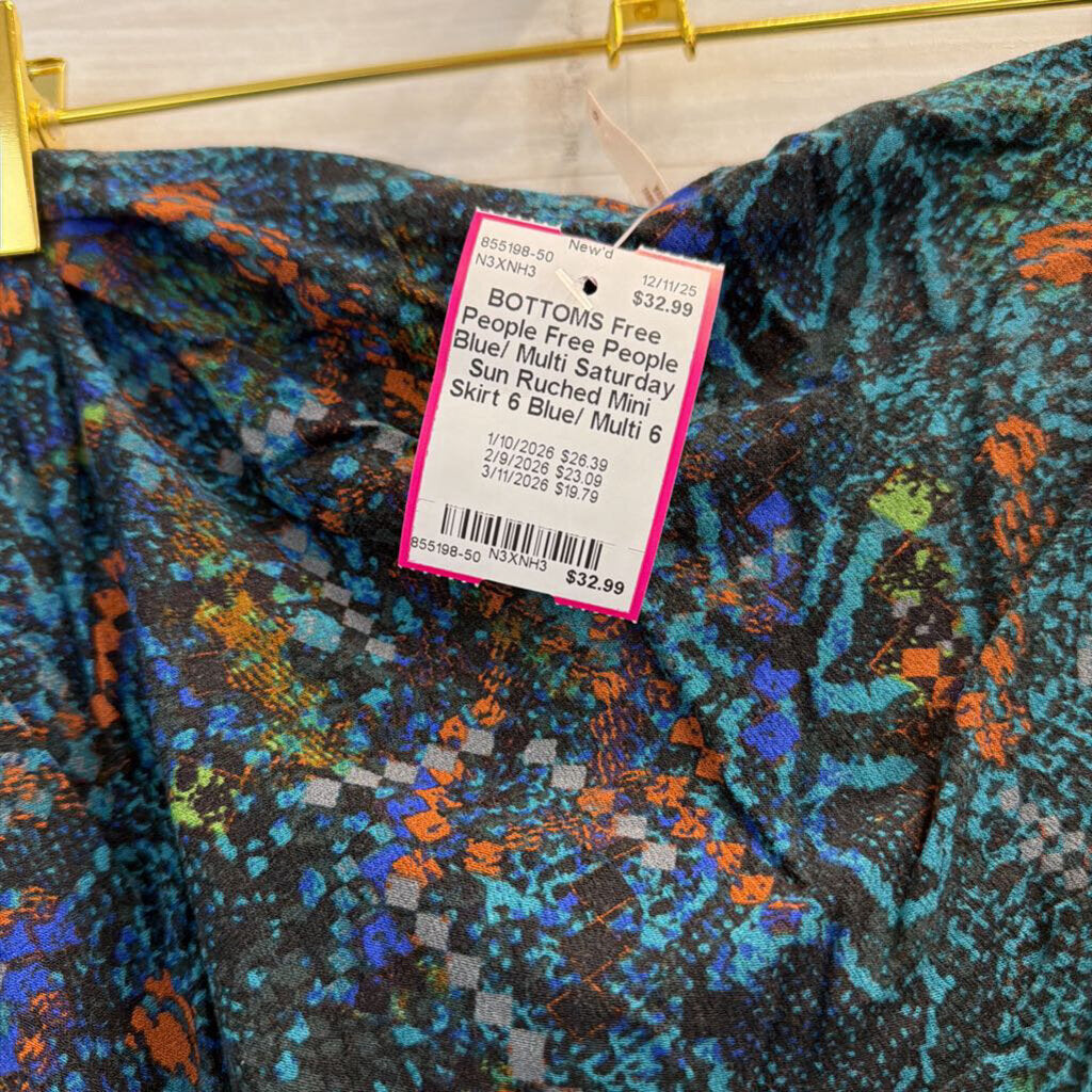 Free People Blue/ Multi Saturday Sun Ruched Mini Skirt 6