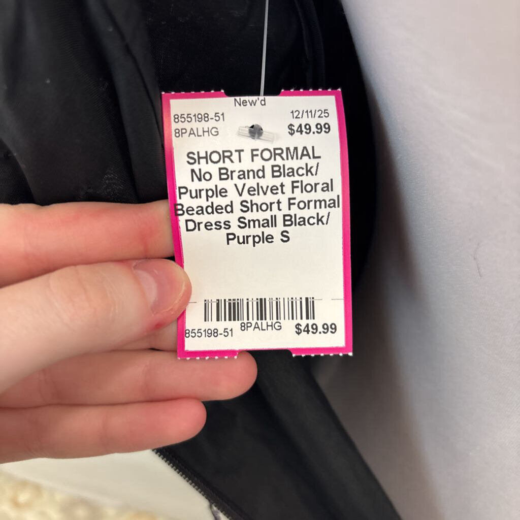 Black/ Purple Velvet Floral Beaded Short Formal Dress Small