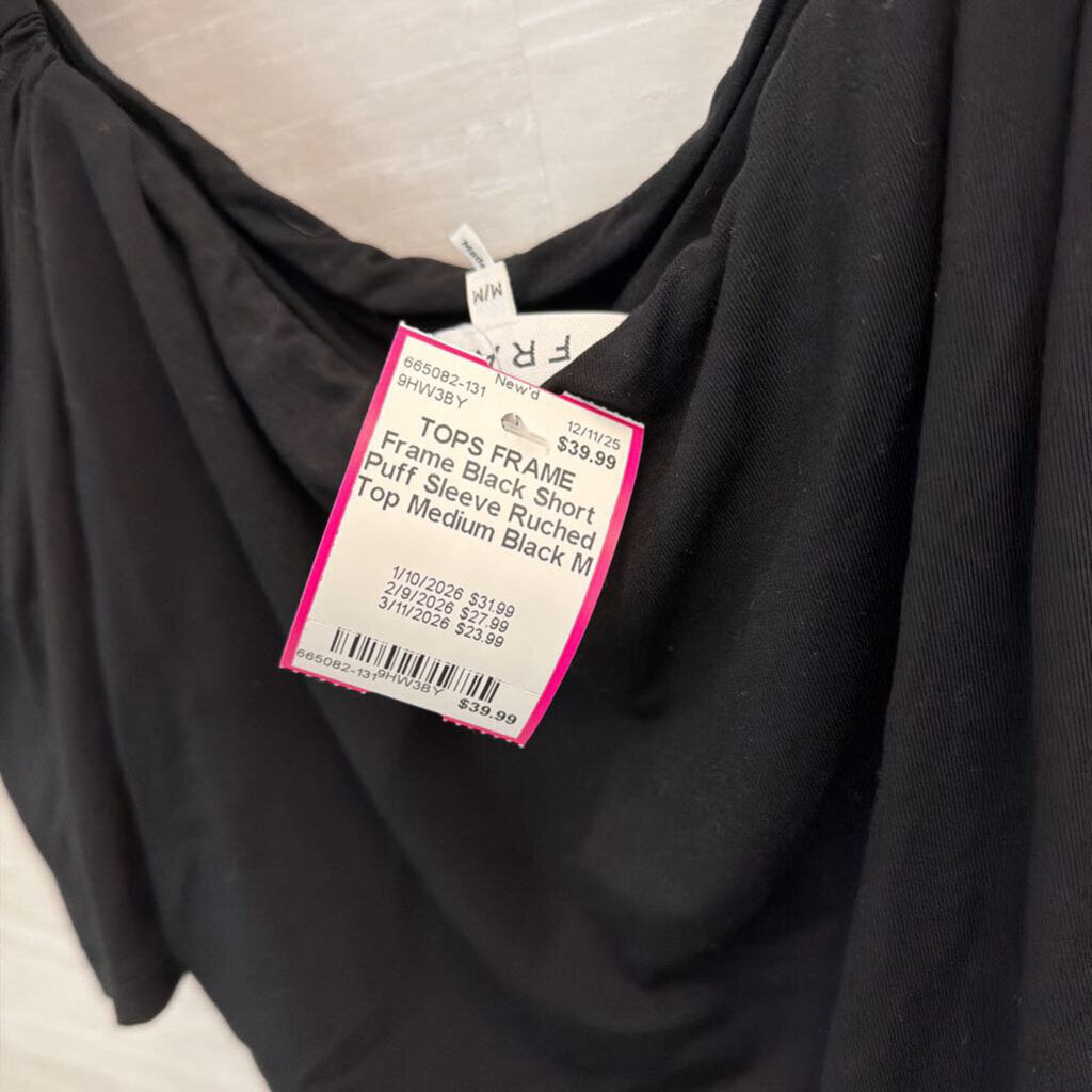 Frame Black Short Puff Sleeve Ruched Top Medium