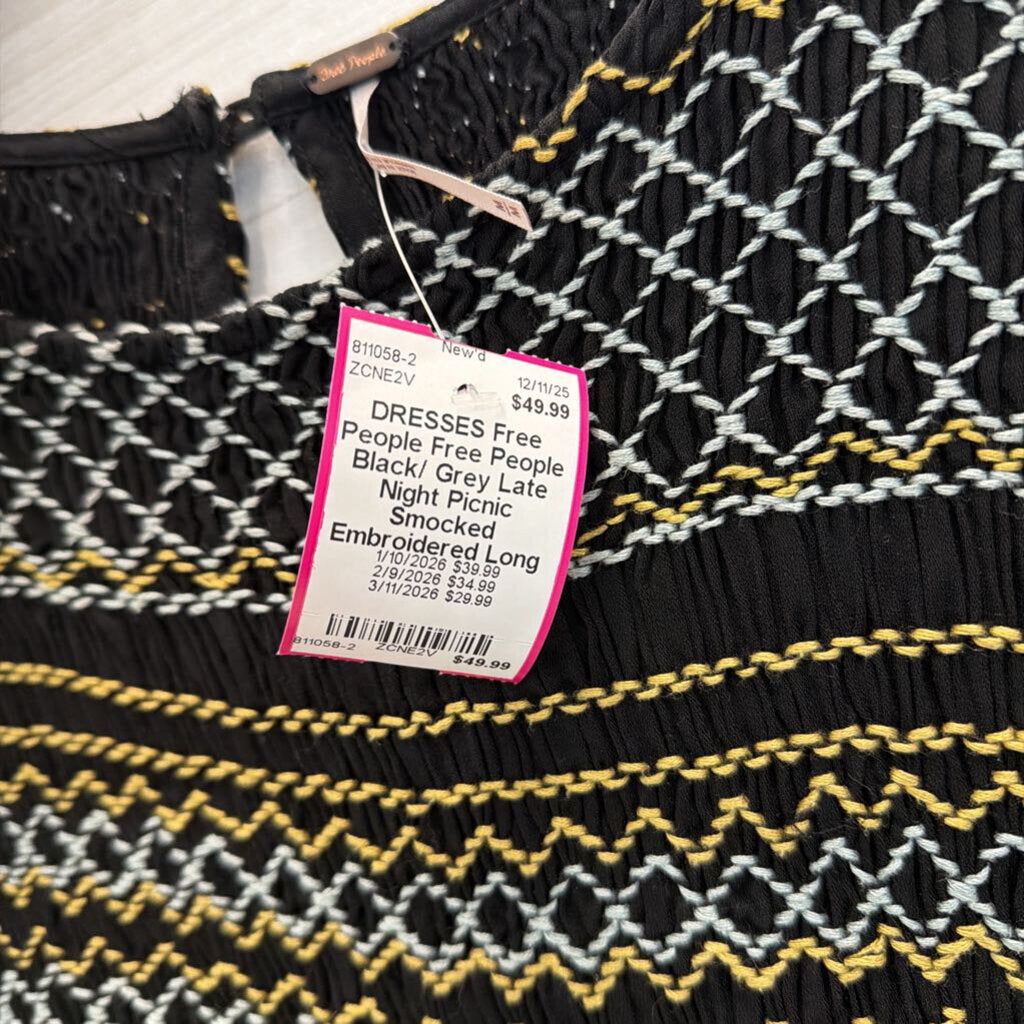 Free People Black/ Grey Late Night Picnic Smocked Embroidered Long Sleeve Dress Medium