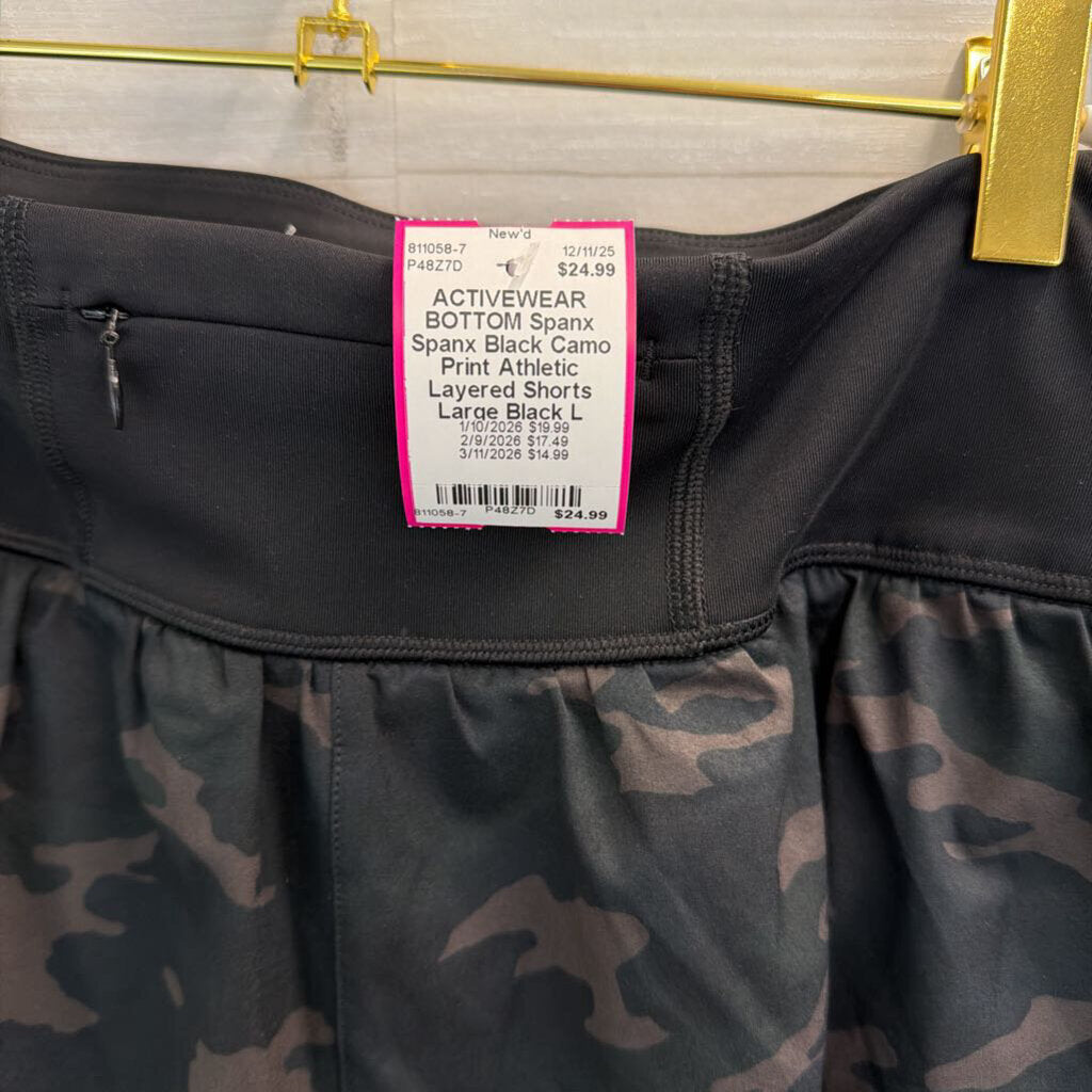Spanx Black Camo Print Athletic Layered Shorts Large