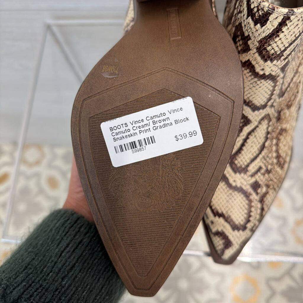 Vince Camuto Cream/ Brown Snakeskin Print Gradina Block Heel Ankle Boots 7.5
