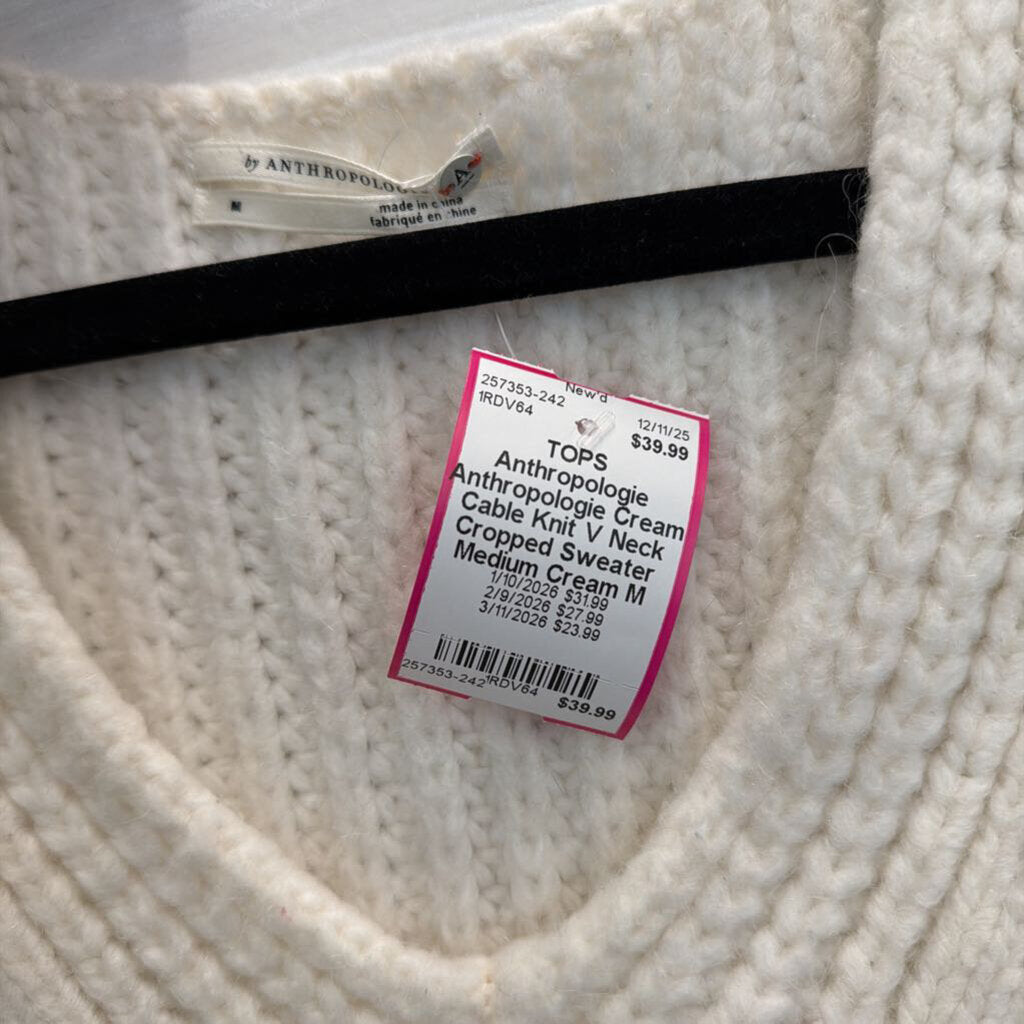 Anthropologie Cream Cable Knit V Neck Cropped Sweater Medium