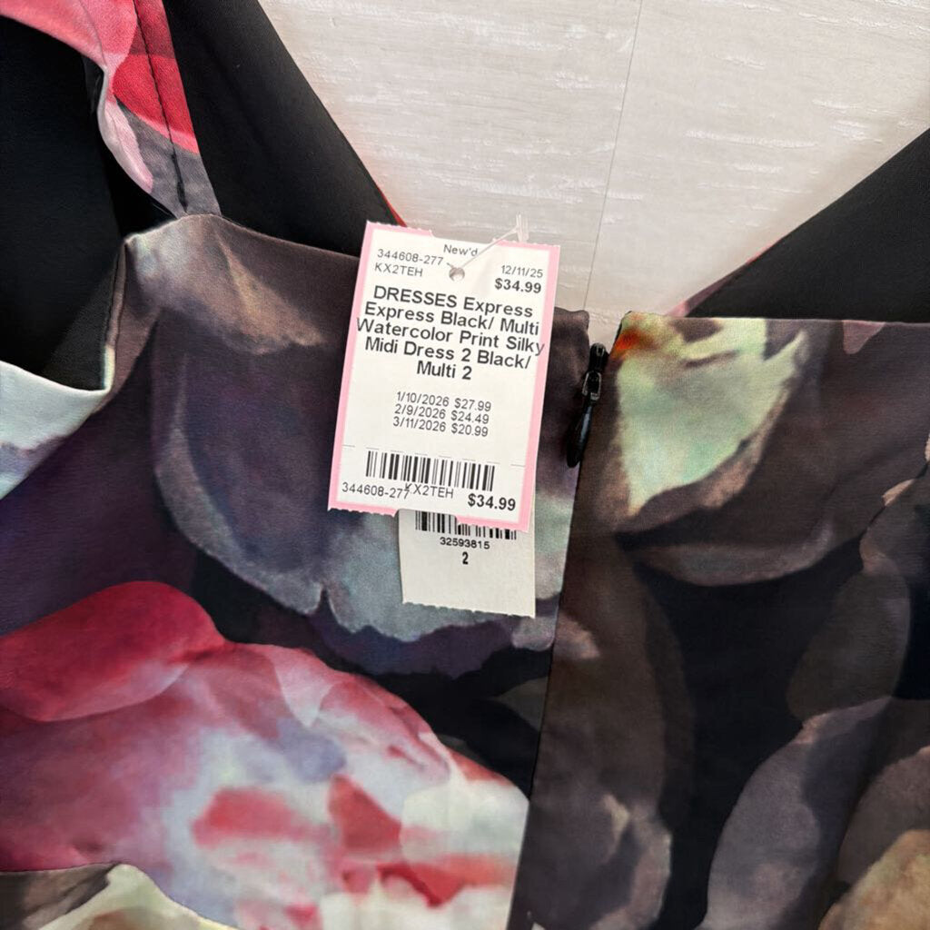 Express Black/ Multi Watercolor Print Silky Midi Dress 2