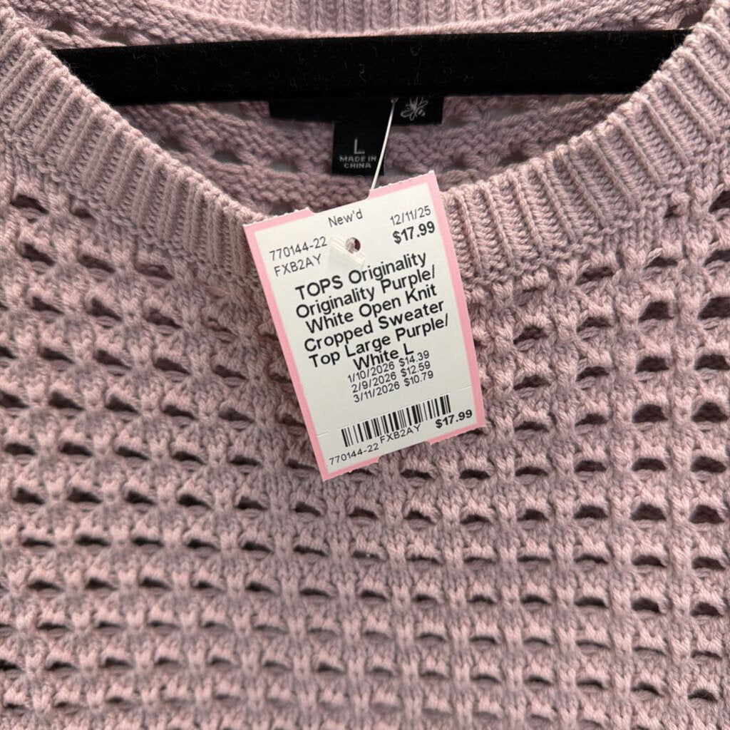 Originality Purple/ White Open Knit Cropped Sweater Top Large