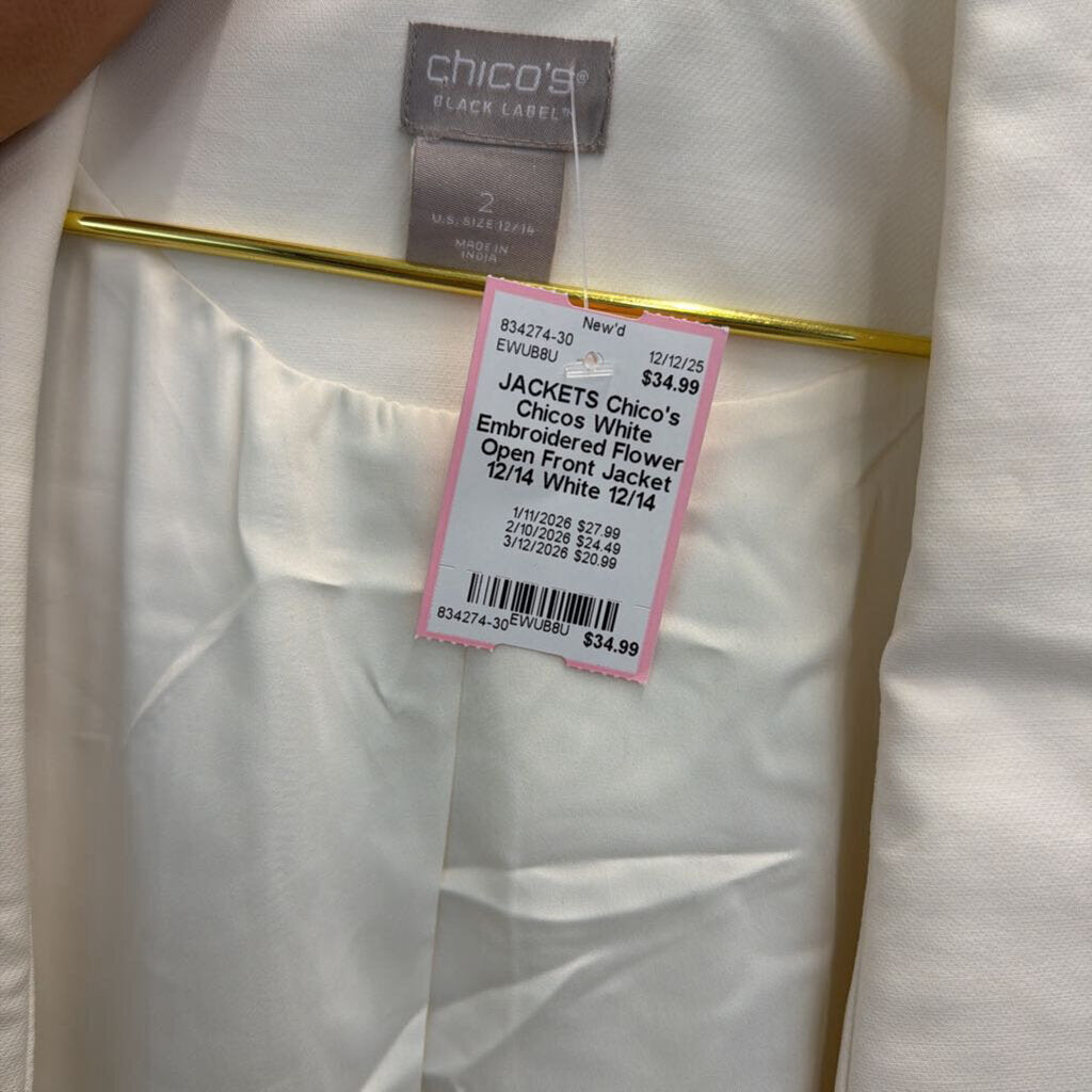 Chicos White Embroidered Flower Open Front Jacket 12/14