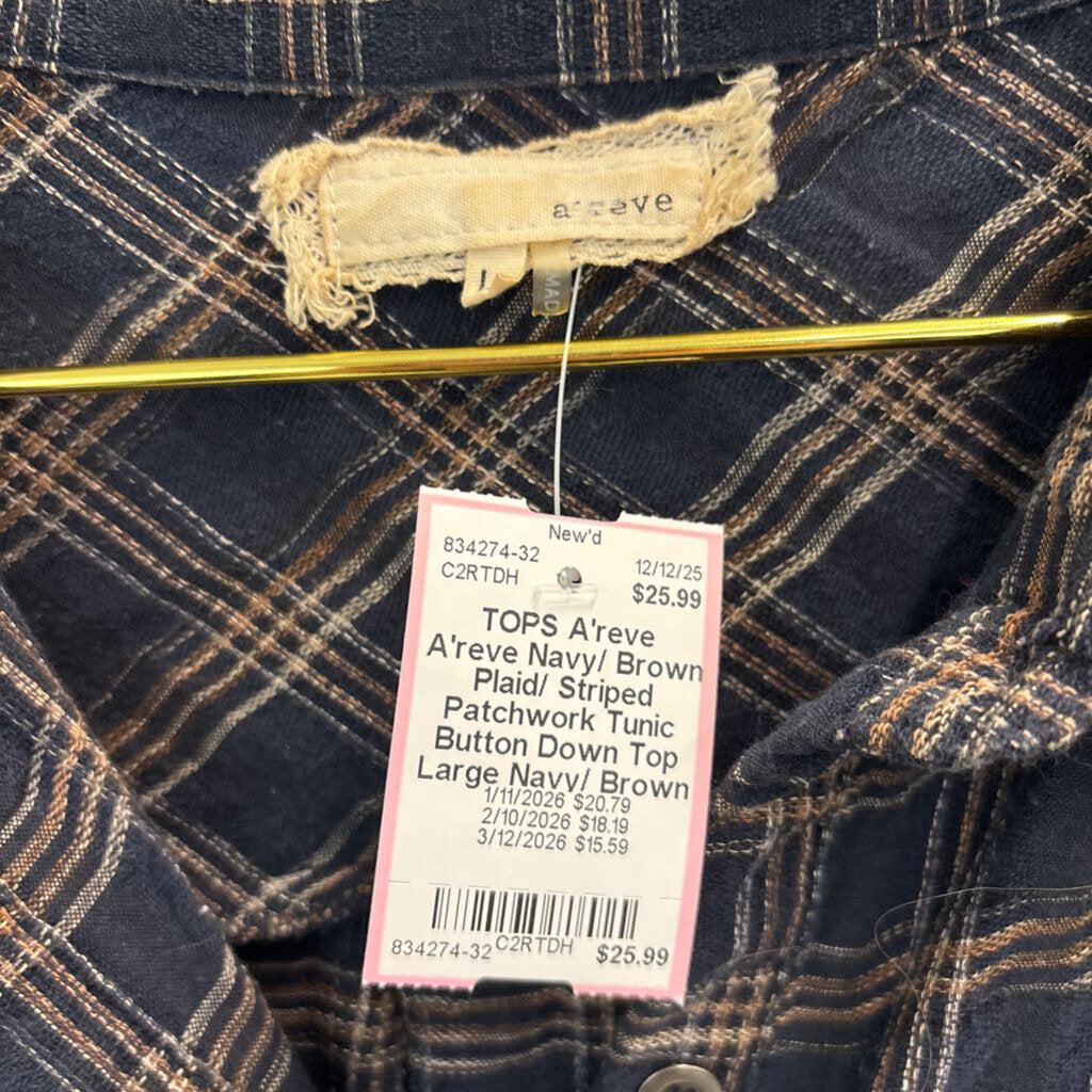 A'reve Navy/ Brown Plaid/ Striped Patchwork Tunic Button Down Top Large