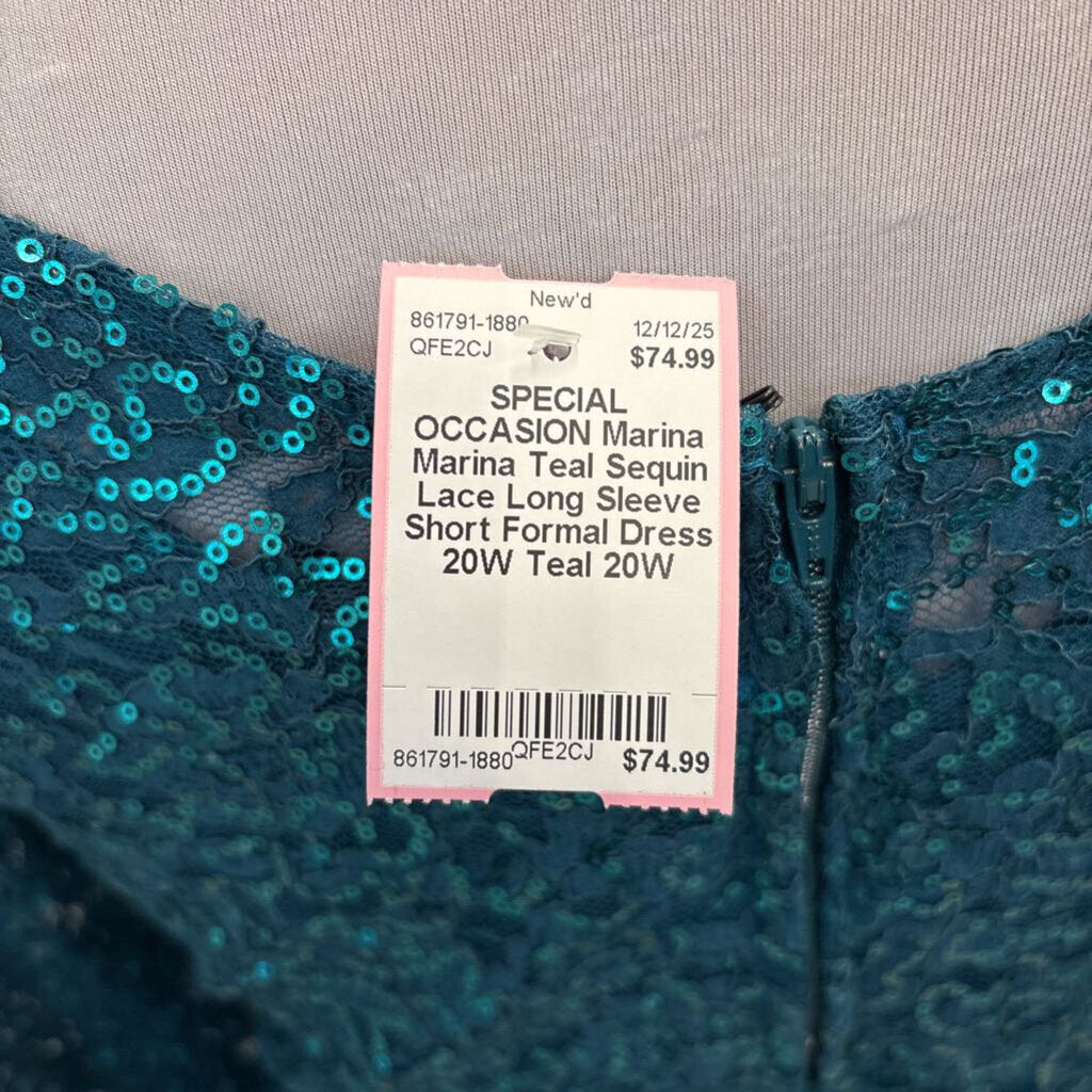 Marina Teal Sequin Lace Long Sleeve Short Formal Dress 20W