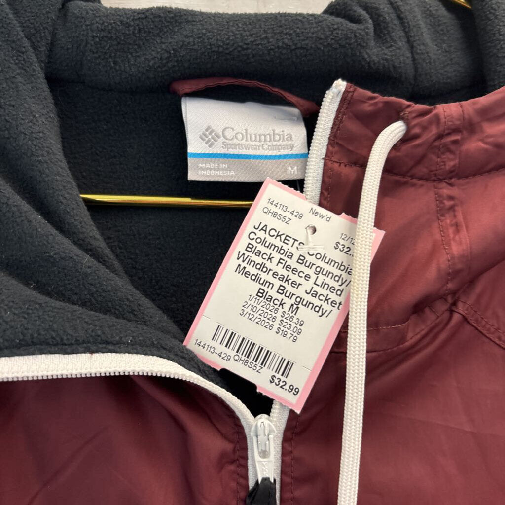 Columbia Burgundy/ Black Fleece Lined Windbreaker Jacket Medium