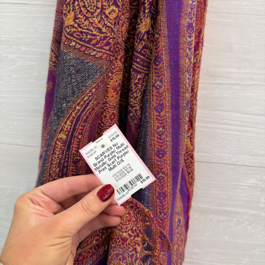 Purple/ Multi Metallic Gold Thread Print Scarf