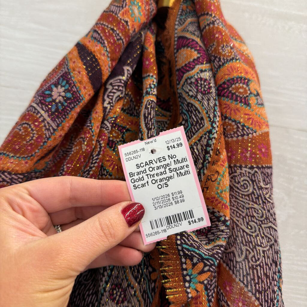 Orange/ Multi Gold Thread Square Scarf