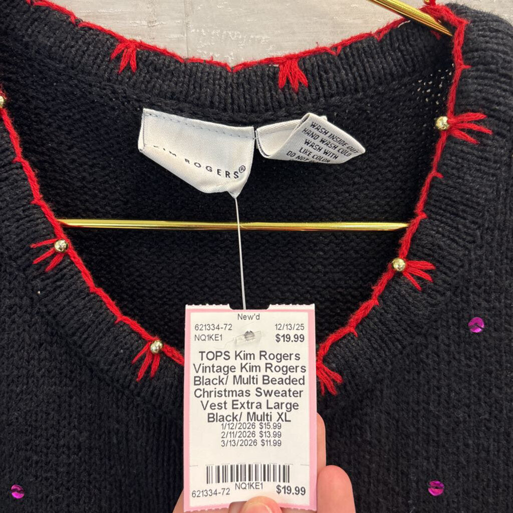 Vintage Kim Rogers Black/ Multi Beaded Christmas Sweater Vest Extra Large