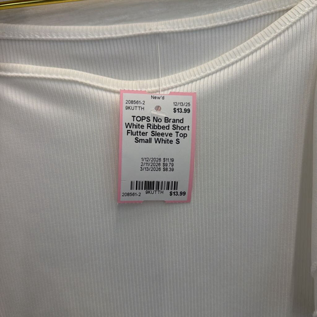 White Ribbed Short Flutter Sleeve Top Small