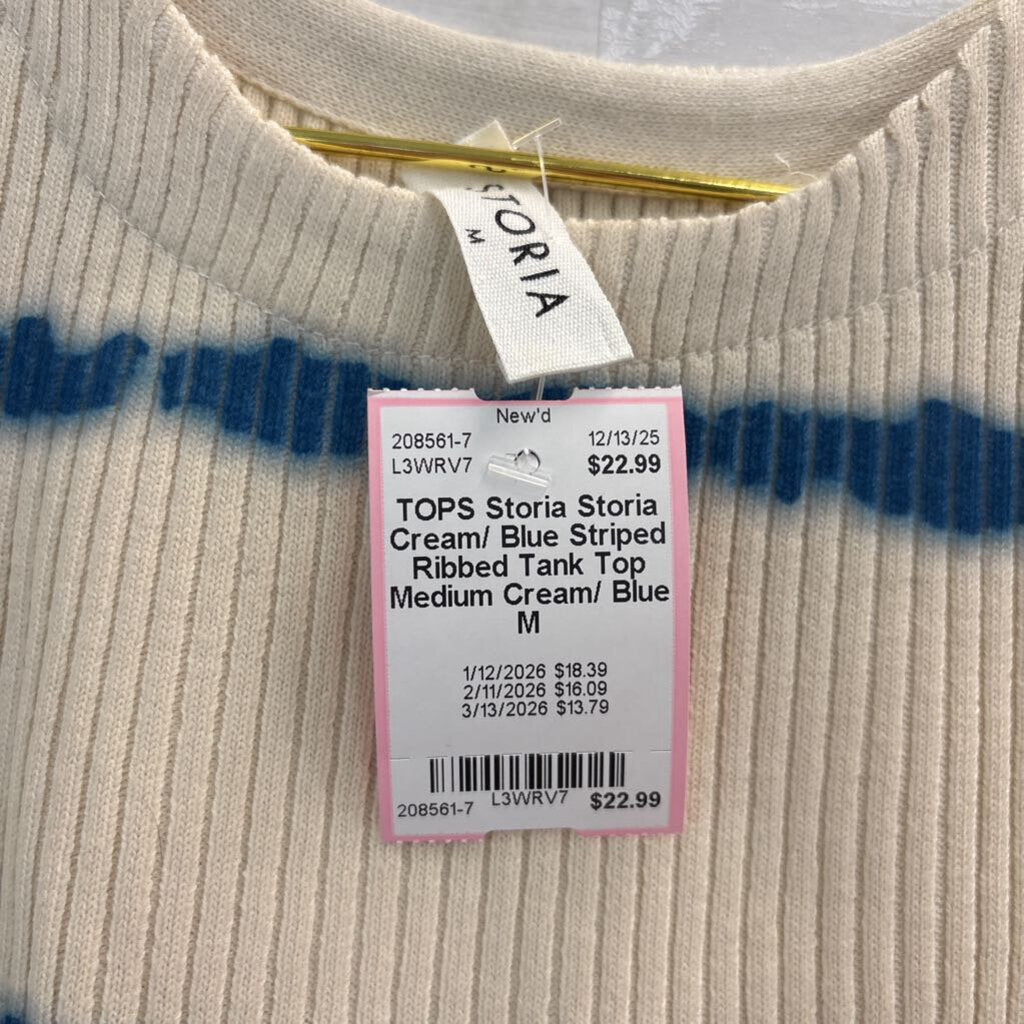 Storia Cream/ Blue Striped Ribbed Tank Top Medium