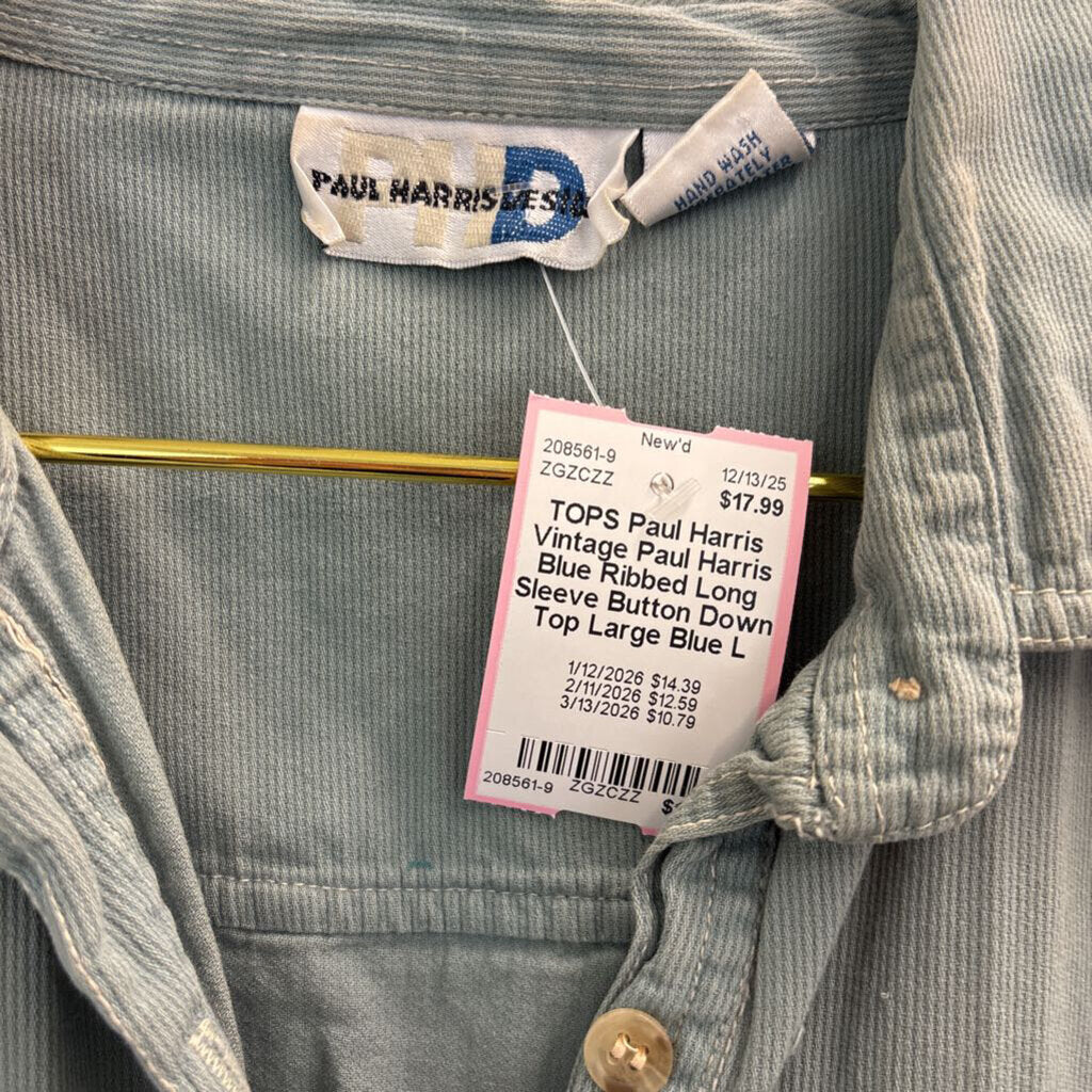 Vintage Paul Harris Blue Ribbed Long Sleeve Button Down Top Large