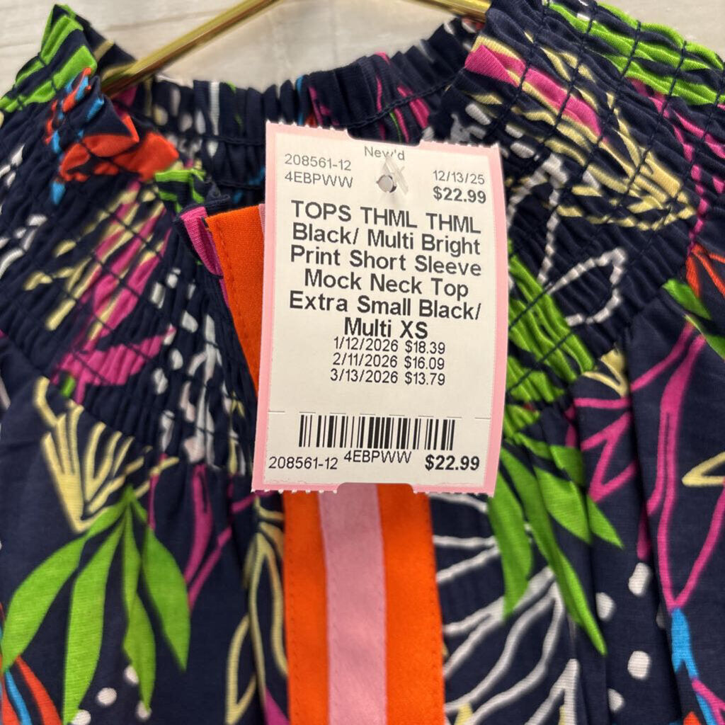 THML Black/ Multi Bright Print Short Sleeve Mock Neck Top Extra Small