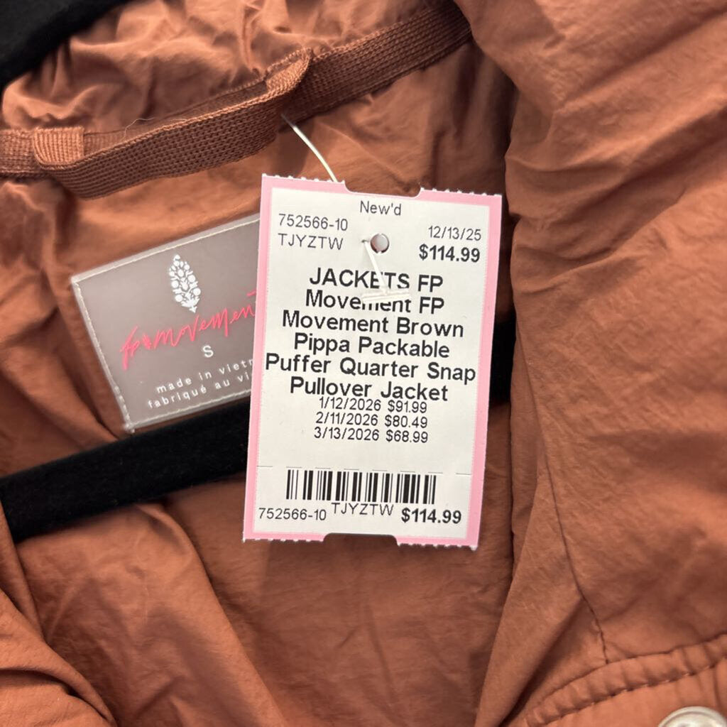 FP Movement Brown Pippa Packable Puffer Quarter Snap Pullover Jacket Small