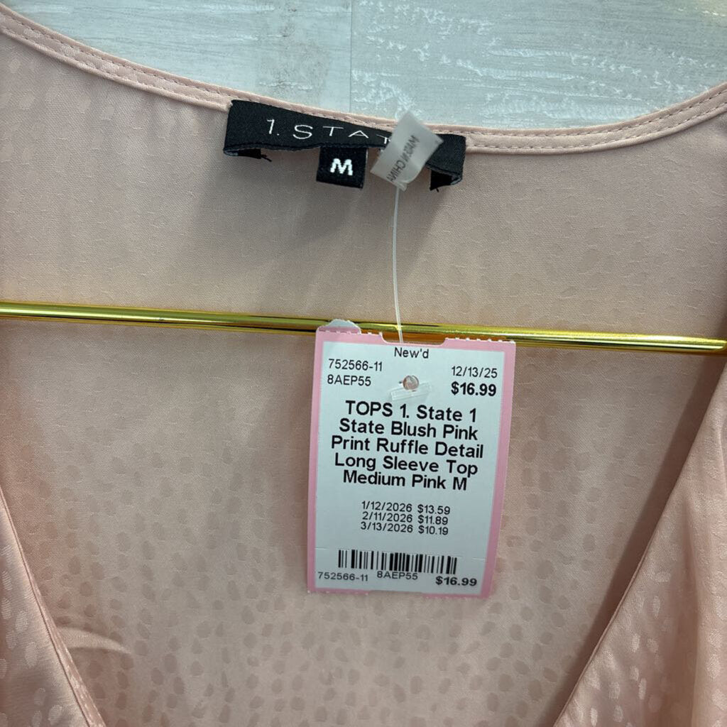 1 State Blush Pink Print Ruffle Detail Long Sleeve Top Medium