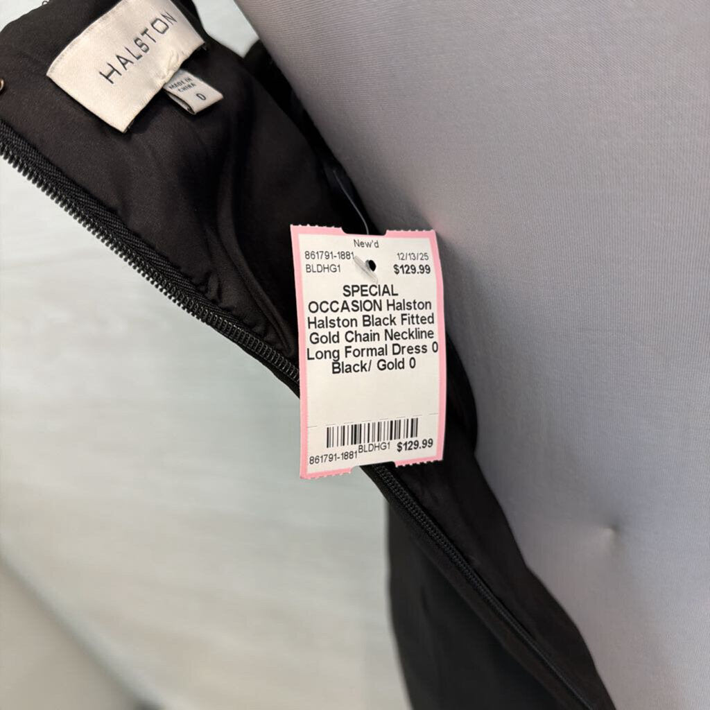 Halston Black Fitted Gold Chain Neckline Long Formal Dress 0